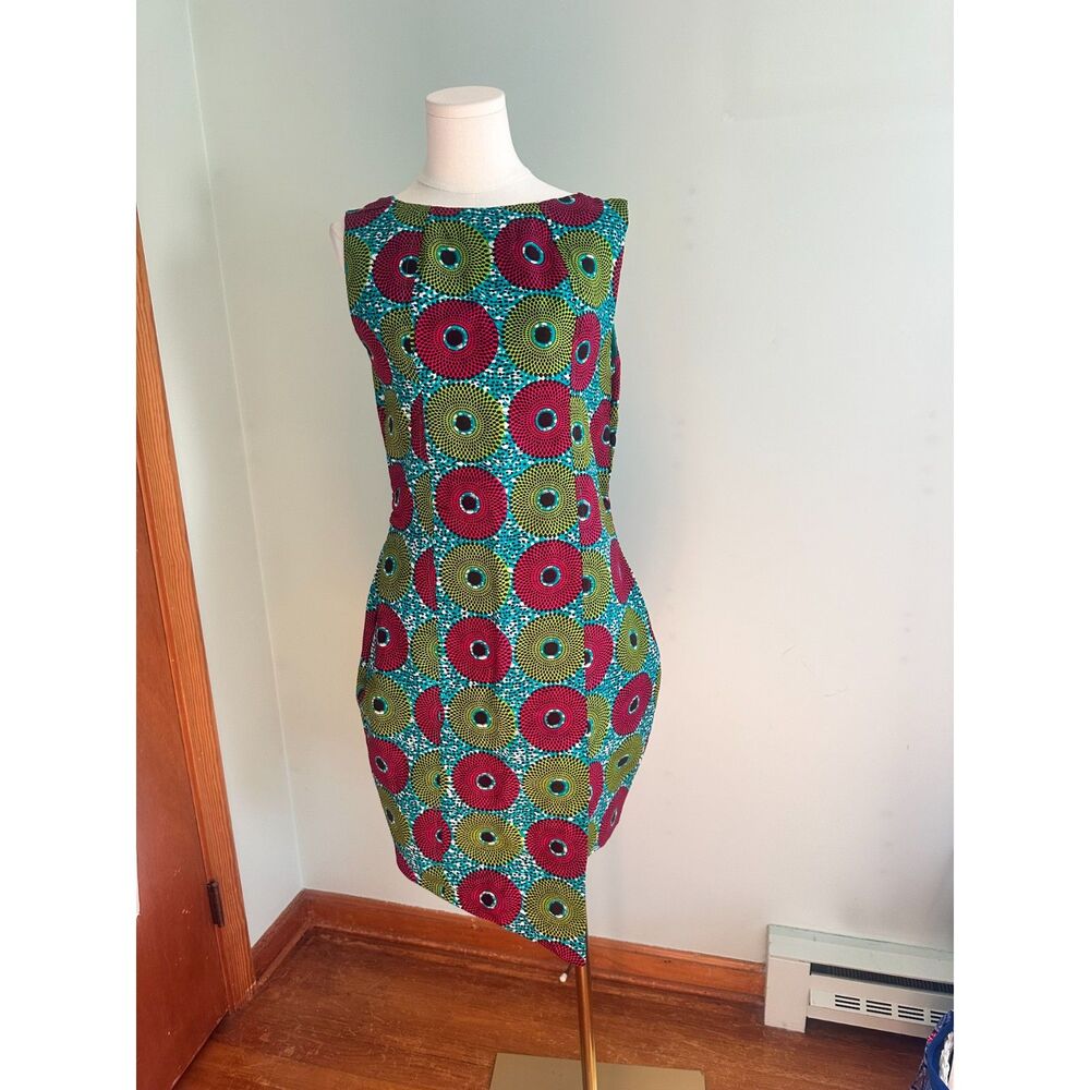 Ankara African Wax Print Dress Lined Turquoise Fuchsia Green Size 6 EUC